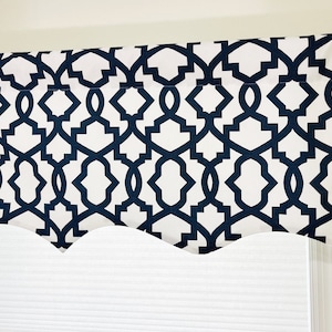 EXTRA wide Scalloped Valance Size upto 109W Sliding door valance Navy blue wide Scalloped Valance lined Wide valance. Extra wide Valance
