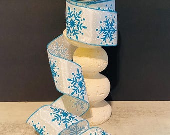 2.5" x 10yd Glitter Turquoise Snowflakes on White Satin Ribbon, Wired Edge Ribbon Wreath Supplies