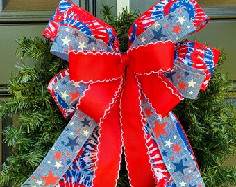 July 4th Bow, Patriotic Tie Dye Decor, Stars and Stripes Holiday Bow, American Pride for Military, Veterans, and Memorial Day
