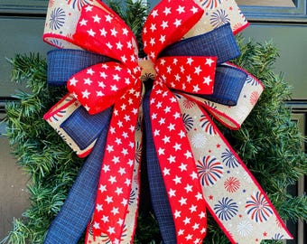 July 4th Bow, Patriotic Fireworks Decor, Stars and Stripes Holiday Bow, American Pride for Military, Veterans, and Memorial Day