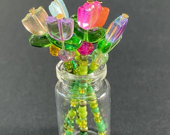 Mini Beaded Flower Bouquet with Glass Vase, Handmade Floral Art, Colorful Floral Desk Shelf Gift