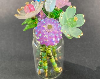 Mini Beaded Flower Bouquet with Glass Vase, Handmade Floral Art, Colorful Floral Desk Shelf Gift