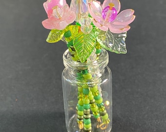 Mini Beaded Flower Bouquet with Glass Vase, Handmade Floral Art, Colorful Floral Desk Shelf Gift