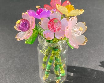 Mini Beaded Flower Bouquet with Glass Vase, Handmade Floral Art, Colorful Floral Desk Shelf Gift