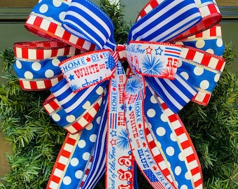 July 4th Home of The Brave Bow, USA Patriotic Decor, Stars and Stripes Holiday Bow, American Pride for Military, Veterans, and Memorial Day