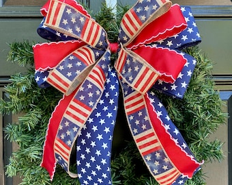 July 4th Bow, Rustic Patriotic Flag Decor, Stars and Stripes Holiday Bow, American Pride for Military, Veterans, and Memorial Day