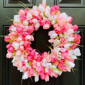 Pink Tulip Wreath on Grapevine, Floral Mothers Day Decor, Spring Front Door Wreath, Year Round Wall Decor, Valentines Day Gift for Her