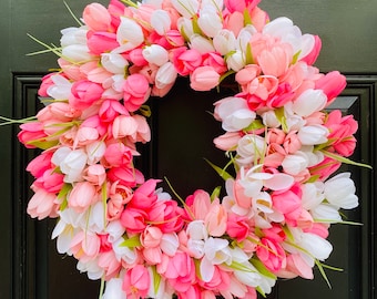 Pink Tulip Wreath on Grapevine, Floral Mothers Day Decor, Spring Front Door Wreath, Year Round Wall Decor, Valentines Day Gift for Her