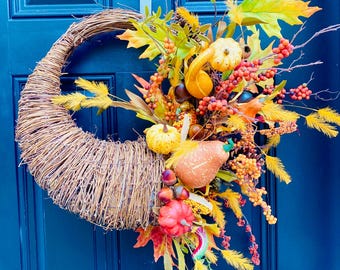 Fall Cornucopia Wreath, Thanksgiving Door Decor With Pumpkins Gourds Autumn Leaves and Berries