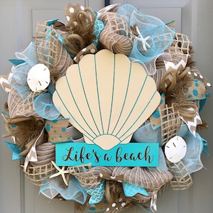Life&#39;s A Beach Burlap Deco Mesh Wreath with Seashells, Seashell Wreath, Beach Wreath, Starfish Wreath