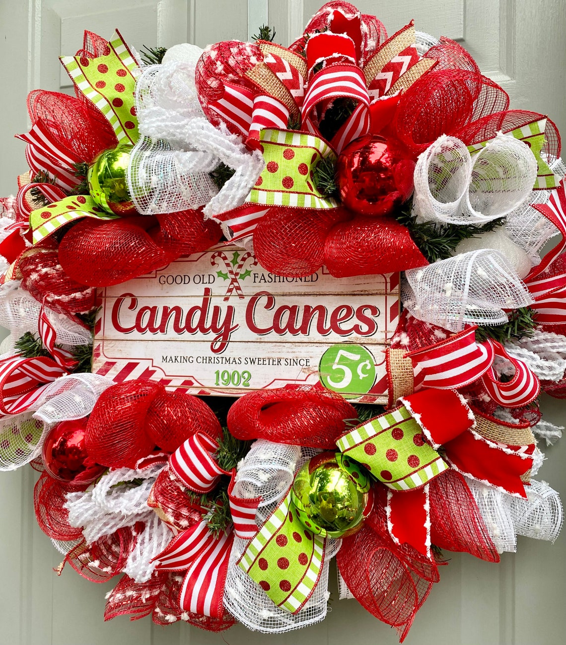 Merry Christmas Deco Mesh Wreath, Candy Cane Vintage Winter Front Door ...