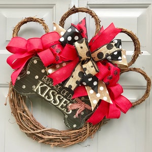 Paw Print Wreath, Dog Wreath, Red and Black Wreath, Pet Wreath, Beware Dog Kisses