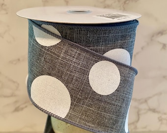 2.5" x 10yd Large White Multi Dots on Gray Ribbon, Wired Edge Ribbon Wreath Supplies