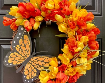 Monarch Butterfly Tulip Wreath on Grapevine, Floral Mothers Day Decor, Spring Front Door Wreath, Year Round Wall Decor, Gift for Her