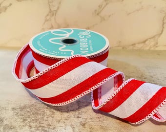 1.5" x 10yd Red White Stripe Royal Burlap Ribbon, Wired Edge Ribbon Wreath Supplies
