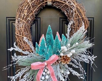 Winter Grapevine Wreath, Bottle Brush Tree Wreath, Christmas Front Door Decor, Frosted Pine Wreath