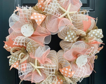 Peach Beach Wreath, Burlap Deco Mesh Wreath with Seashells, Nautical Wreath, Seashell Wreath, Welcome Wreath