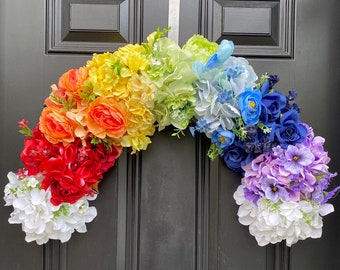 Rainbow Floral Door Hanger, Kids Room or Nursery Decor, Pride Wreath