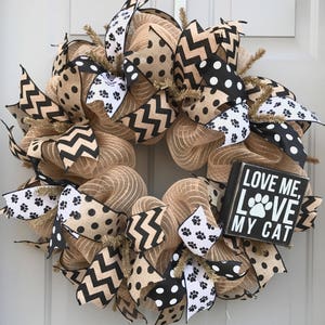 Love Me Love My Cat Black and Brown Burlap Deco Mesh Wreath, Pet Wreath, Cat Wreath