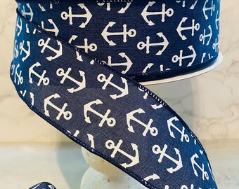 2.5" x 50yds White Anchor on Navy Blue Ribbon, Beach Nautical Ribbon