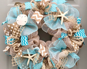 Beach Wreath, Burlap Deco Mesh Wreath with Seashells, Nautical Wreath, Seashell Wreath, Welcome Wreath