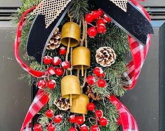 Christmas Door Swag, Red Berry Pine Wreath, Farmhouse Holiday Decor, Rustic Bell Wreath, Front Door Christmas Decoration