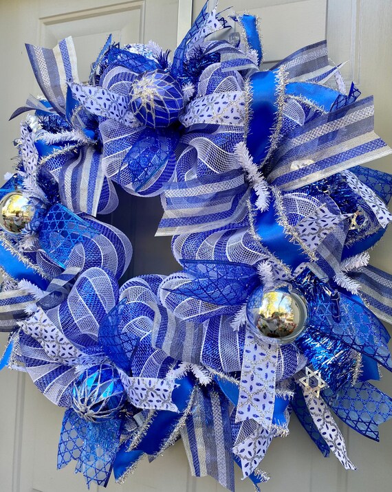 Happy Hanukkah Wreath Glittering Silver And Blue Star of David Deco Mesh 