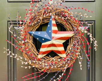 Americana Rustic Wreath, Patriotic Pip Berry Farmhouse Grapevine Wreath for Front Door, July 4th Front Porch Decor