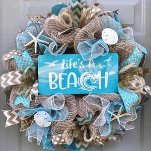 Life's A Beach Burlap Deco Mesh Wreath with Seashells, Seashell Wreath, Beach Wreath, Starfish Wreath image 3