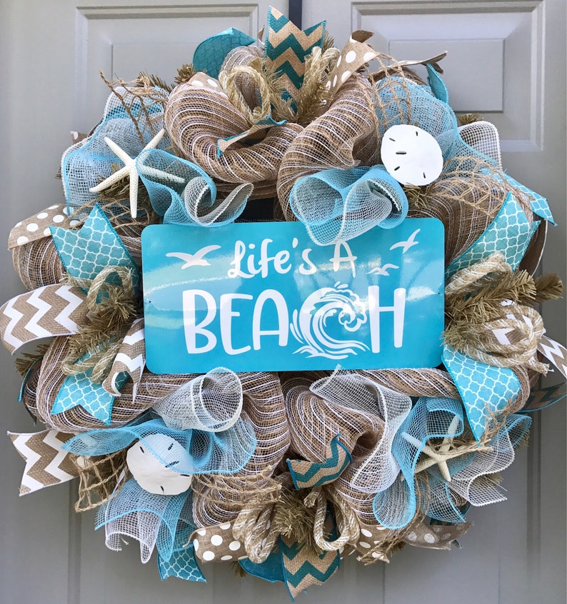 Life's A Beach Burlap Deco Mesh Wreath with Seashells, Seashell Wreath, Beach Wreath, Starfish Wreath image 3