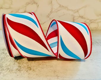 2.5" x 10yd Glitter Candy Swirl in Red/White/Turquoise, Wired Edge Ribbon Wreath Supplies