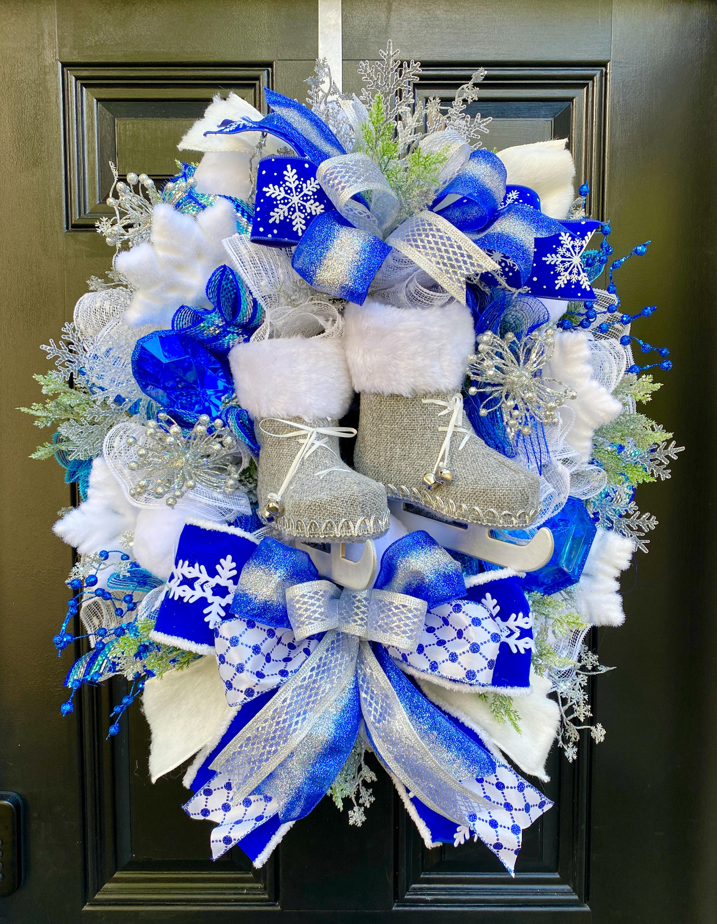 37 Inviting Christmas Front Porch Decor Ideas to Welcome Guests: Festive Ways to Wow Your Neighbors 4 Ice Skates Wreath Winter Front Door Decor, Snow Theme for Front…