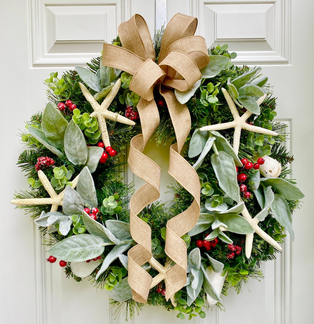 Nautical Christmas Evergreen Wreath With Starfish and Lambs Ear ...