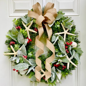 Nautical Christmas Evergreen Wreath with Starfish and Lambs Ear, Natural Holiday Beach Decor, Coastal Cottage or Beach House