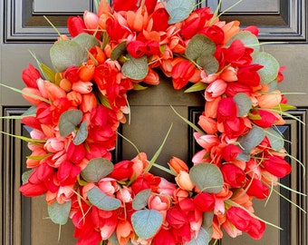 Coral Red Tulip Wreath With Eucalyptus on Grapevine, Floral Mothers Day Decor, Spring Front Door Wreath, Year Round Wall Decor