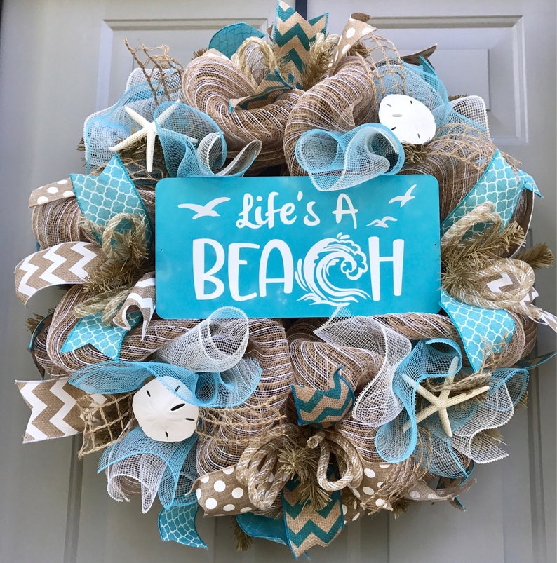 Life's A Beach Burlap Deco Mesh Wreath with Seashells, Seashell Wreath, Beach Wreath, Starfish Wreath image 1