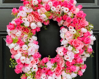 Pink Mini Rose Wreath on Grapevine, Floral Mothers Day Decor, Spring Front Door Wreath, Year Round Wall Decor, Bridal Shower Decor