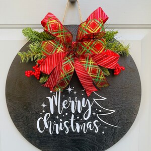 Merry Christmas Door Hanger, Traditional Christmas Evergreen Porch Decor, Christmas Front Door Wreath