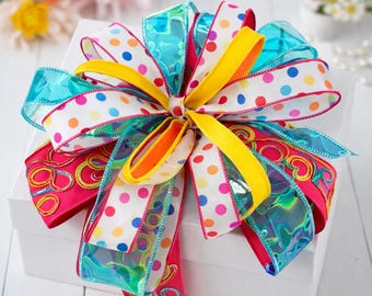Bright Birthday Bow, Easter Wreath Bow, Polka Dot Door Bow, Hot Pink Rainbow Ribbon Gift Topper