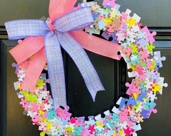 Pastel Puzzle Wreath, Rainbow Kids Room Decor, Front Door Decor, Craft Room Wall, Teacher Classroom Gift