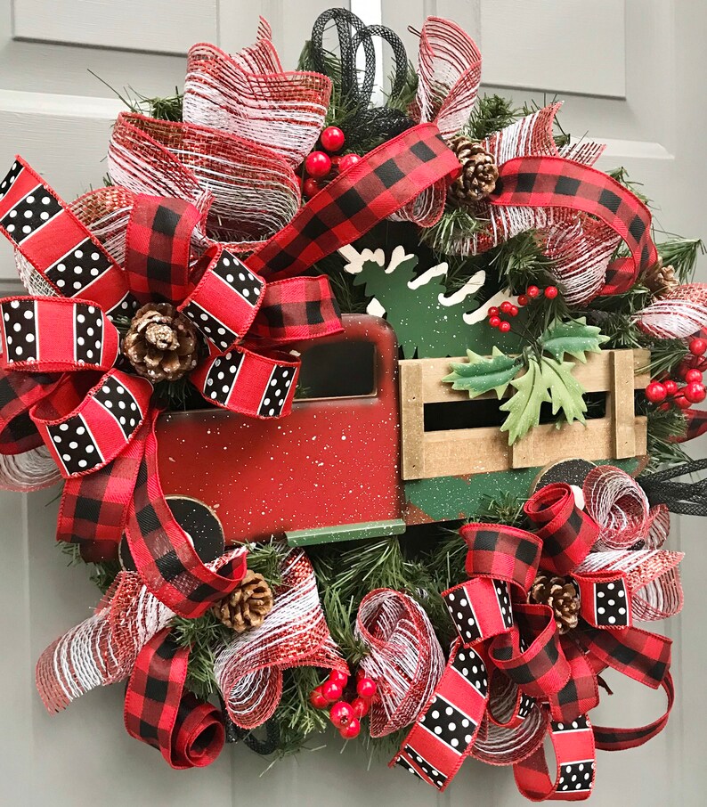 Old Red Truck Christmas Red Truck Wreath Christmas Decor Buffalo Plaid Evergreen