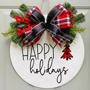 Christmas Door Hanger, Traditional Christmas Evergreen Porch Decor, Happy Holidays Buffalo Plaid Front Door Wreath