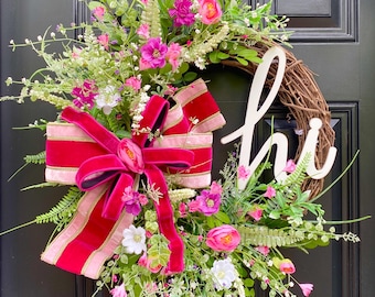 Mother’s Day Floral Wreath, Everyday Year Round Decor for Front Door with Hi Sign, Wildflower Door Decor, Outdoor or Indoor Wedding Wreath