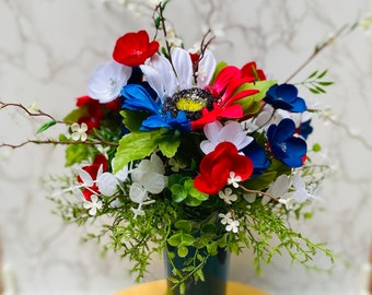 Patriotic Cemetery Vase for Gravesite, Graveside Flower Arrangement, Memorial Day Remembrance, Grave Flowers