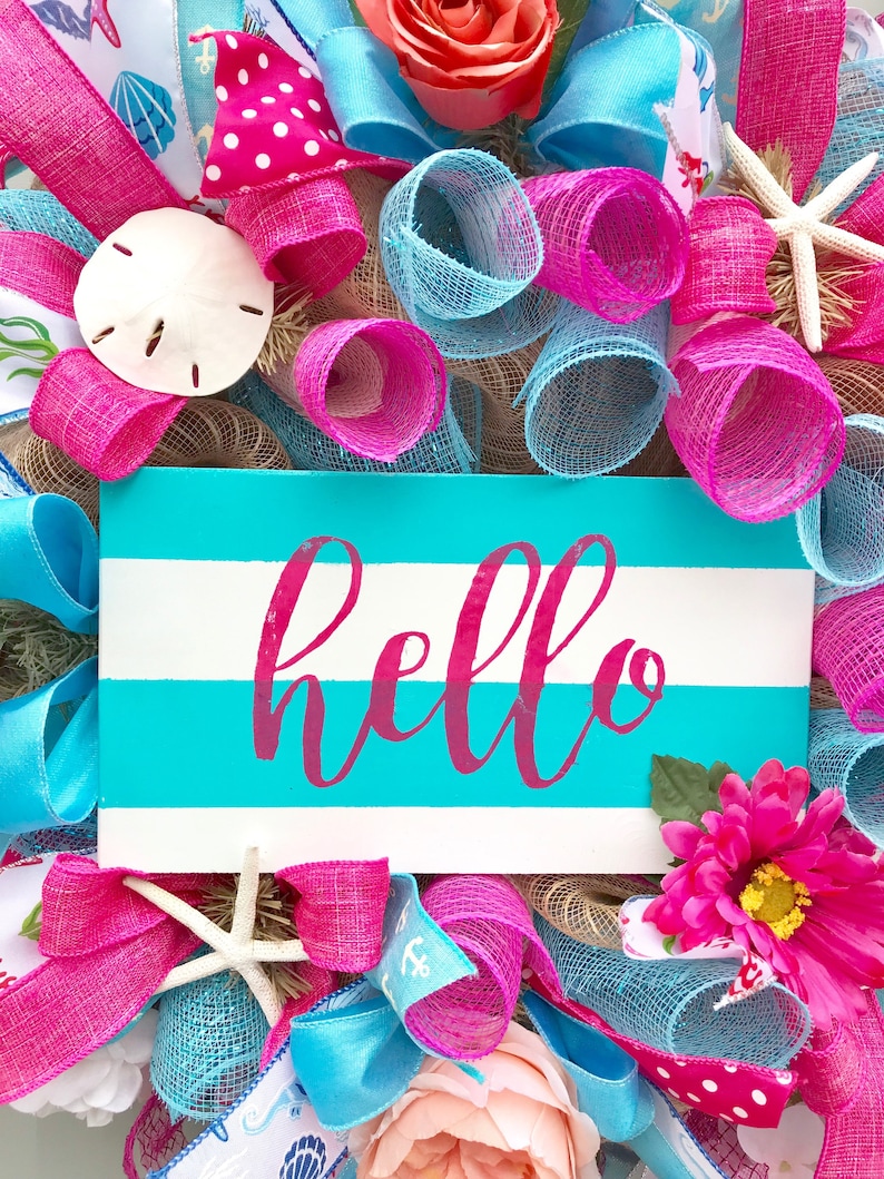 Summer Wreath Beach Wreath with Sea Shells and Flowers Seashell Wreath Beach House Decor Hello Wreath