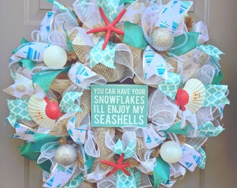 You Can Have Your Snowflakes I&#39;ll Enjoy My Seashells Burlap Deco Mesh Wreath, Seashell Wreath, Beach Wreath, Coastal Christmas