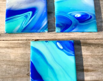 Coasters set of 3, Hand painted ceramic drink coasters with resin, Acrylic paint pour art on tile, Beach Fluid art, Beach decor for cottage