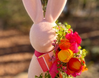 Bunny Easter Decoration, Flocked Bunny Table Decor, Bunny Rabbit Floral Arrangement