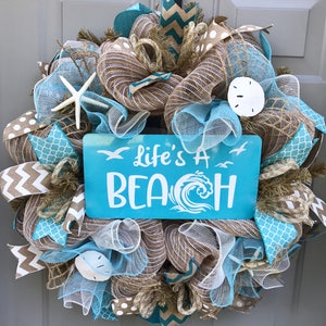 Life's A Beach Burlap Deco Mesh Wreath with Seashells, Seashell Wreath, Beach Wreath, Starfish Wreath image 6