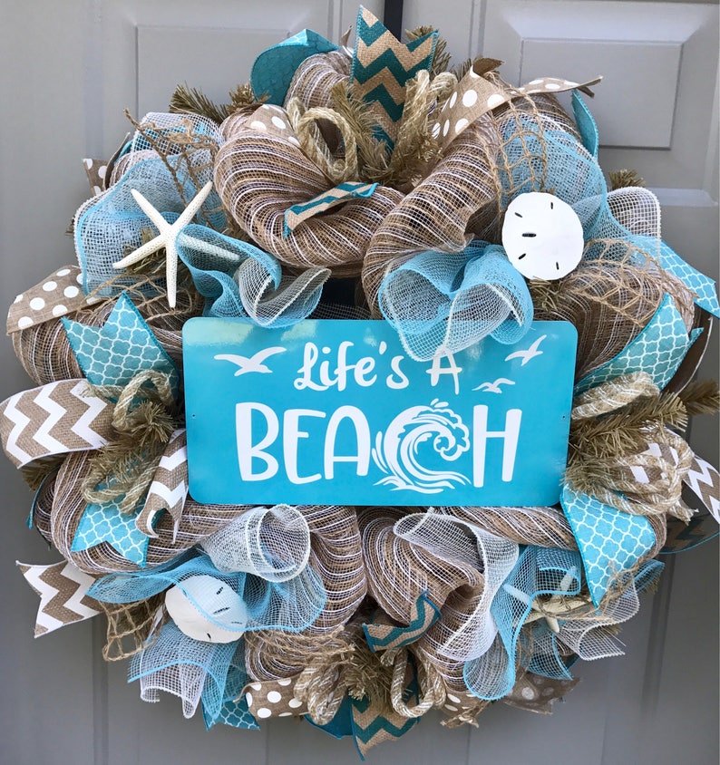 Life's A Beach Burlap Deco Mesh Wreath with Seashells, Seashell Wreath, Beach Wreath, Starfish Wreath image 6